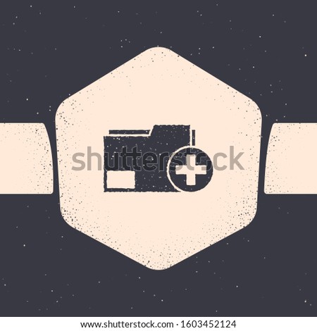 Grunge Add new folder icon isolated on grey background. New folder file. Copy document icon. Add attach create folder make new plus. Monochrome vintage drawing. Vector Illustration