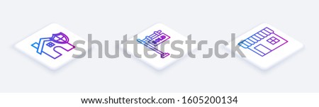 Set Isometric line House with shield, Hanging sign with text Sold and Shopping building or market store. White square button. Vector