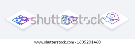 Set Isometric line Folded map with location marker, Exclamation mark in triangle and Map pointer with house. White square button. Vector