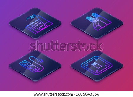 Set Isometric line Coal power plant and factory, Electric extension cord, Nuclear power plant and Electric light switch. Blue square button. Vector
