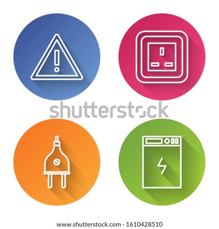 Set line Exclamation mark in triangle, Electrical outlet, Electric plug and Power bank. Color circle button. Vector