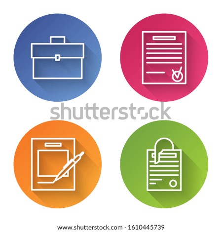 Set line Briefcase, Confirmed document and check mark, Blank notebook and pen and File document and paper clip. Color circle button. Vector