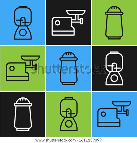 Set line Blender, Salt and pepper and Kitchen meat grinder icon. Vector