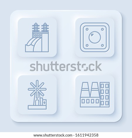Set line Nuclear power plant, Electric light switch, Wind turbine and Power station plant and factory. White square button. Vector