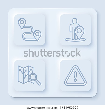 Set line Route location, Map marker with a silhouette of a person, Folded map with location marker and Exclamation mark in triangle. White square button. Vector