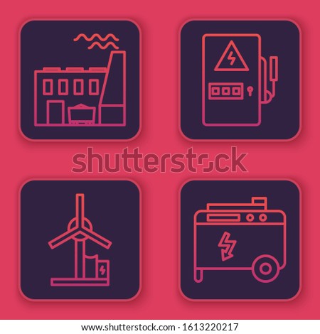 Set line Coal power plant and factory, Wind turbine, Electrical panel and Portable power electric generator. Blue square button. Vector