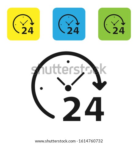 Black Clock 24 hours icon isolated on white background. All day cyclic icon. 24 hours service symbol. Set icons colorful square buttons. Vector Illustration