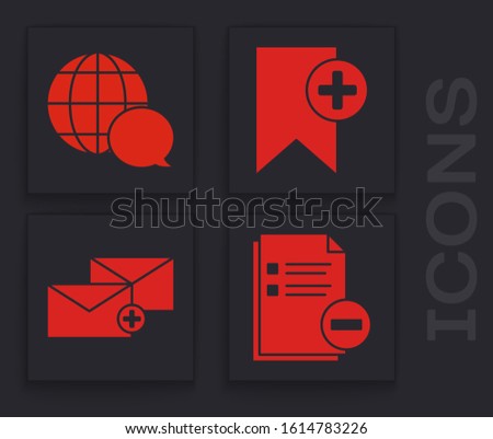 Set Document with minus, World map made from speech bubble, Bookmark and Envelope icon. Vector