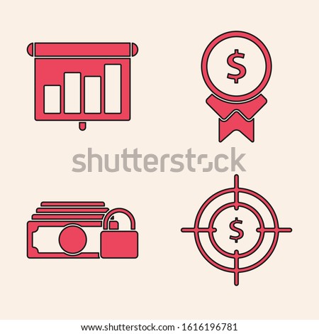 Set Target with dollar symbol, Presentation financial board with graph, schedule, chart, diagram, infographic, pie graph, Reward for good work and Money with lock icon. Vector