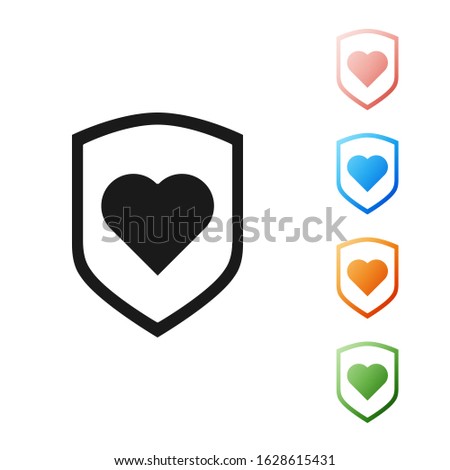 Black Heart with shield icon isolated on white background. Love symbol. Security, safety, protection, protect concept. Valentines day. Set icons colorful. Vector Illustration