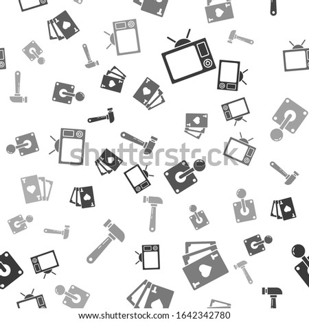 Set Television, Playing card with heart symbol, Joystick for arcade machine and Hammer on seamless pattern. Vector