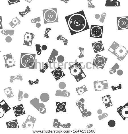 Set Vinyl disk, Gamepad, Photo camera and Add to friend on seamless pattern. Vector