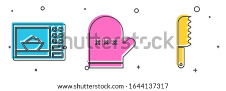 Set Microwave oven, Oven glove and Bread knife icon. Vector