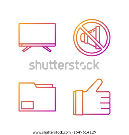 Set line Hand like, Document folder, Smart Tv and Speaker mute. Gradient color icons. Vector