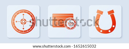 Set Credit card, Casino roulette wheel and Horseshoe. White square button. Vector