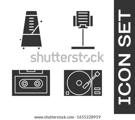 Set Vinyl player with a vinyl disk, Metronome with pendulum in motion, Retro audio cassette tape and Music stand icon. Vector