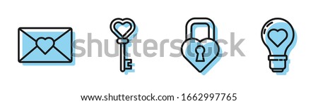 Set line lock in the shape of a heart, Envelope with Valentine heart, Key in heart shape and Heart shape in a light bulb icon. Vector