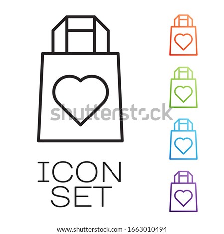 Black line Shopping bag with heart icon isolated on white background. 8 March. International Happy Women Day. Set icons colorful. Vector Illustration