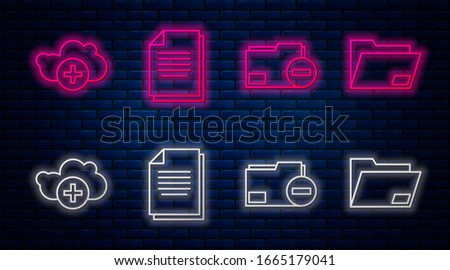 Set line Document, Document folder with minus, Add cloud and Document folder. Glowing neon icon on brick wall. Vector