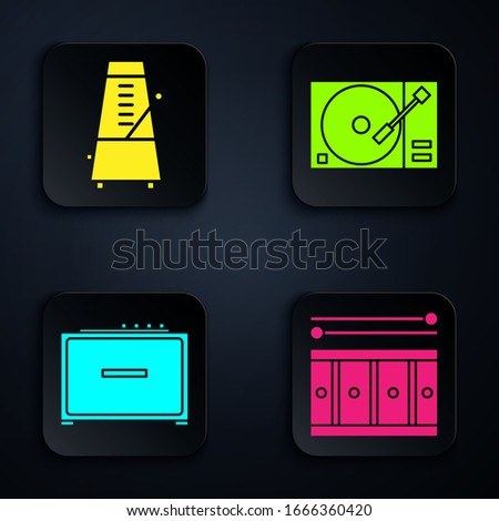 Set Drum with drum sticks, Metronome with pendulum in motion, Guitar amplifier and Vinyl player with a vinyl disk. Black square button. Vector