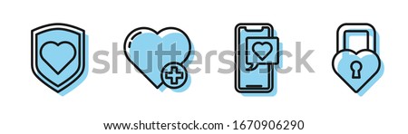 Set line Smartphone with heart speech bubble, Heart with shield, Heart and Castle in the shape of a heart icon. Vector