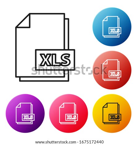 Black line XLS file document. Download xls button icon isolated on white background. Excel file symbol. Set icons colorful circle buttons. Vector Illustration