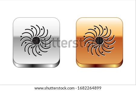 Black Black hole icon isolated on white background. Space hole. Collapsar. Silver-gold square button. Vector Illustration