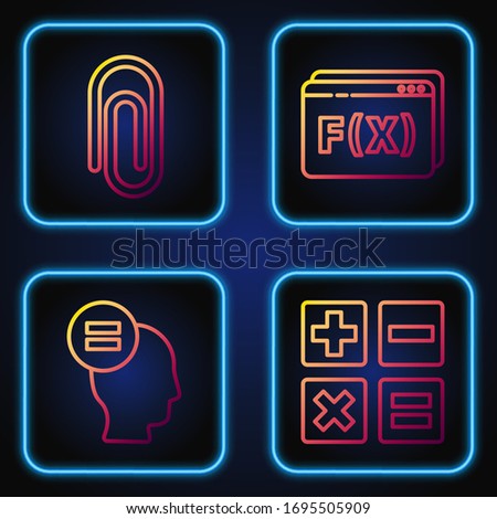 Set line Feather and inkwell, Test or exam sheet, Book with word mathematics and Geometric figure Pentagonal prism. Gradient color icons. Vector