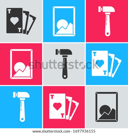 Set Playing card with heart symbol, Picture landscape and Hammer icon. Vector