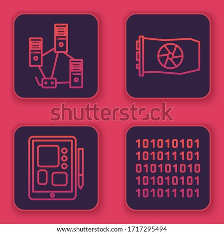 Set line Computer network, Graphic tablet, Video graphic card and Binary code. Blue square button. Vector