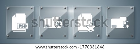 Set Document folder protection, Document with star, Delete folder and PSD file document. Square glass panels. Vector