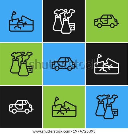Set line Earthquake, Car and Smoke from factory icon. Vector