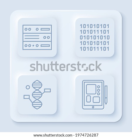 Set line Server, Data, Web Hosting, Binary code, DNA symbol and Graphic tablet. White square button. Vector