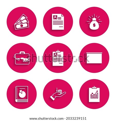 Set Clipboard with resume, Money on hand, graph chart, Chalkboard, User manual, Briefcase money, bag and Stacks paper cash icon. Vector