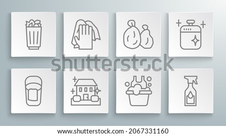 Set line Bucket with rag, Cleaning service, Home cleaning, Basin soap suds, spray bottle, Garbage bag, cooking pot and Full trash can icon. Vector