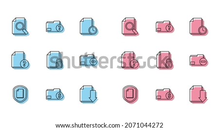 Set line Document protection concept, Finance document folder, with search, download, and lock, minus, Unknown and  icon. Vector