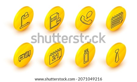 Set line Tie, USB flash drive, Calendar, Presentation, movie, film, media projector, Telephone handset and speech bubble chat, Document with minus and Table lamp icon. Vector