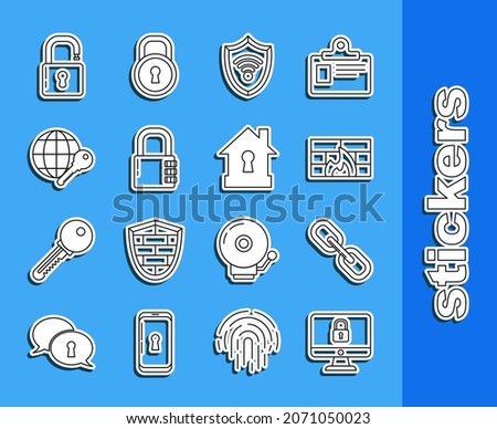 Set line Lock on computer monitor screen, Firewall, security wall, Shield with WiFi wireless internet network, Safe combination lock, Globe key, Open padlock and House under protection icon. Vector