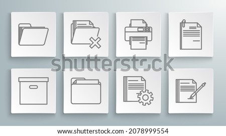 Set line Carton cardboard box, Delete folder, Document, settings with gears, Blank notebook and pen, Printer, File document paper clip and  icon. Vector