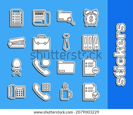 Set line Document and check mark, with minus, Office folders papers documents, Search concept, Briefcase, stapler, File and Tie icon. Vector
