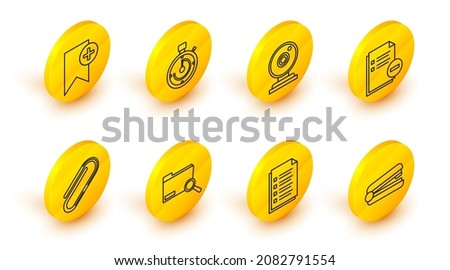 Set line Office stapler, File document, Search concept with folder, Paper clip, Document minus, Web camera, Briefcase and Bookmark icon. Vector