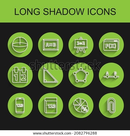 Set line Book with word mathematics, Test exam sheet and pen, Calculator, Equation solution, Calendar,  and Geometric figure Sphere icon. Vector