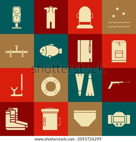 Set Diving watch, Fishing harpoon, Backpack, Buoy, Manifold, Gauge scale and Underwater note book and pencil icon. Vector