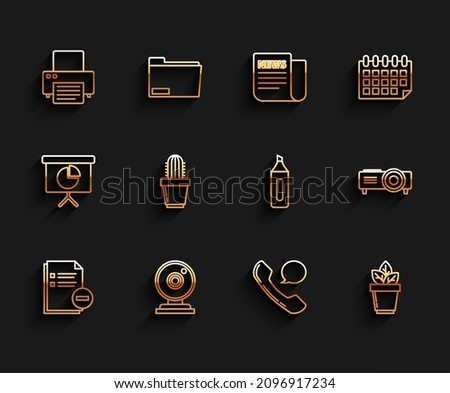 Set line Document with minus, Web camera, Printer, Telephone handset and speech bubble chat, Flowers pot, Cactus succulent, Presentation, movie, film, media projector and Marker pen icon. Vector