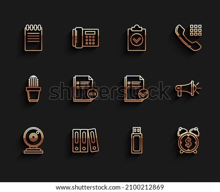 Set line Web camera, Office folders with papers and documents, Notebook, USB flash drive, Alarm clock dollar symbol, Document minus, Megaphone and check mark icon. Vector