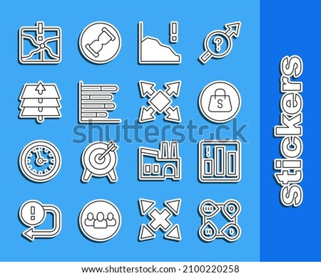 Set line Infographic element, Pie chart infographic, Shopping bag with Sale, Financial growth decrease, Layers, Intersection point and Many ways directional arrow icon. Vector