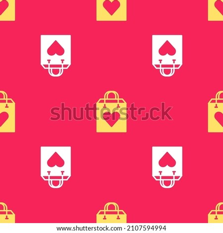 Yellow Shopping bag with heart icon isolated seamless pattern on red background. Shopping bag shop love like heart icon. Valentines day symbol.  Vector