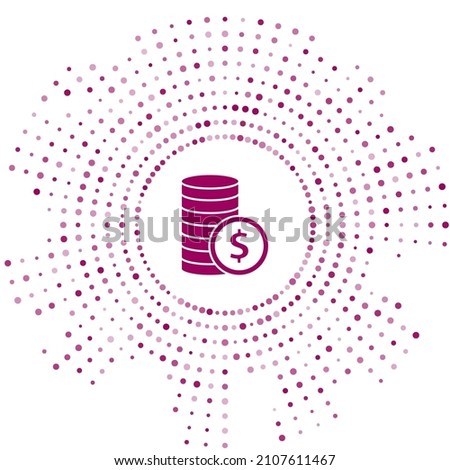 Purple Coin money with dollar symbol icon isolated on white background. Banking currency sign. Cash symbol. Abstract circle random dots. Vector