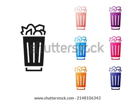 Black Full trash can icon isolated on white background. Garbage bin sign. Recycle basket icon. Office trash icon. Set icons colorful. Vector