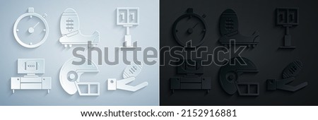 Set American football helmet, Sport mechanical scoreboard and result display, on tv program stand, Football hand, Soccer shoes with spikes and Stopwatch icon. Vector